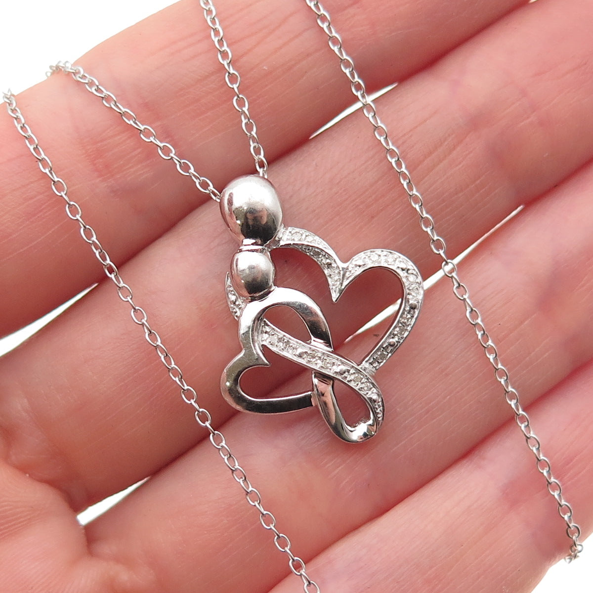 925 Sterling Silver Real Diamond Mom & Child Heart Cable Chain Necklace 18"