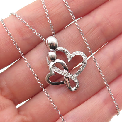 925 Sterling Silver Real Diamond Mom & Child Heart Cable Chain Necklace 18"