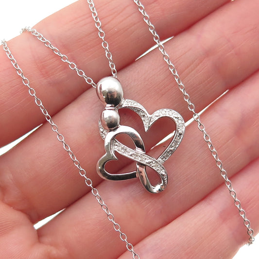 925 Sterling Silver Real Diamond Mom & Child Heart Cable Chain Necklace 18"