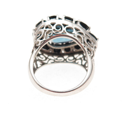925 Sterling Silver Real London Blue Topaz & Black Spinel Ring Size 6