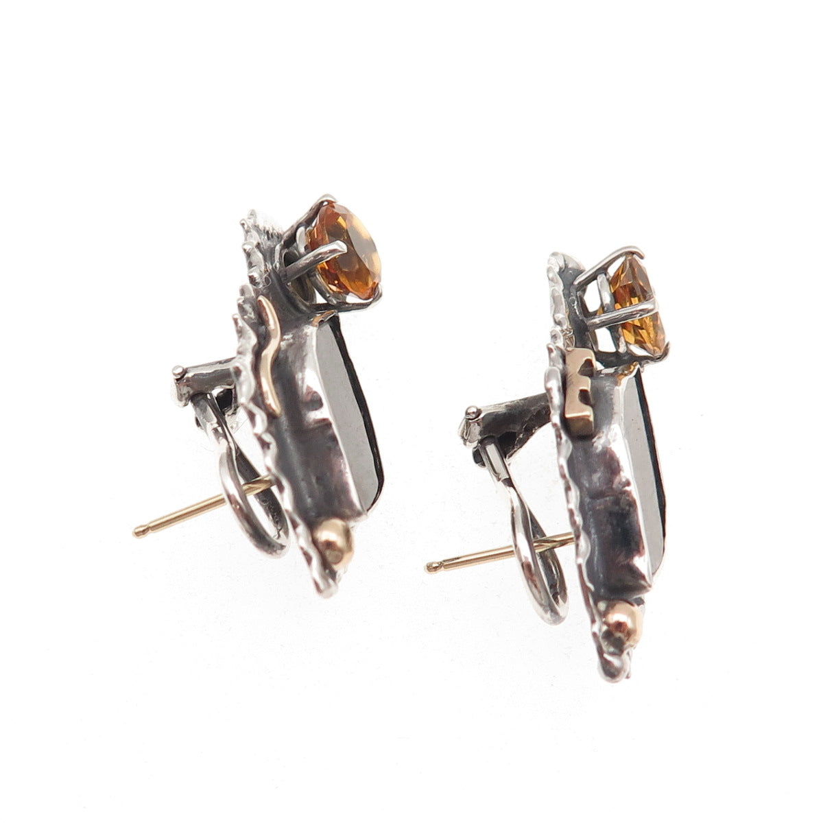 H & BJ Mackie 925 Sterling 14K Gold Vintage Ammolite Citrine Omega Back Earrings