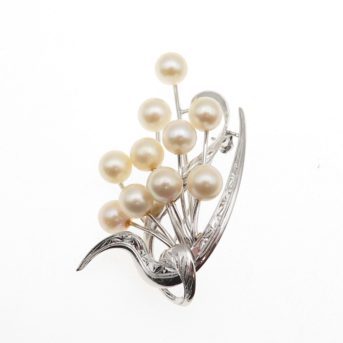 925 Sterling Silver Antique Japan Real Akoya Pearl Floral Pin Brooch