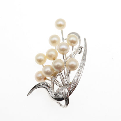 925 Sterling Silver Antique Japan Real Akoya Pearl Floral Pin Brooch