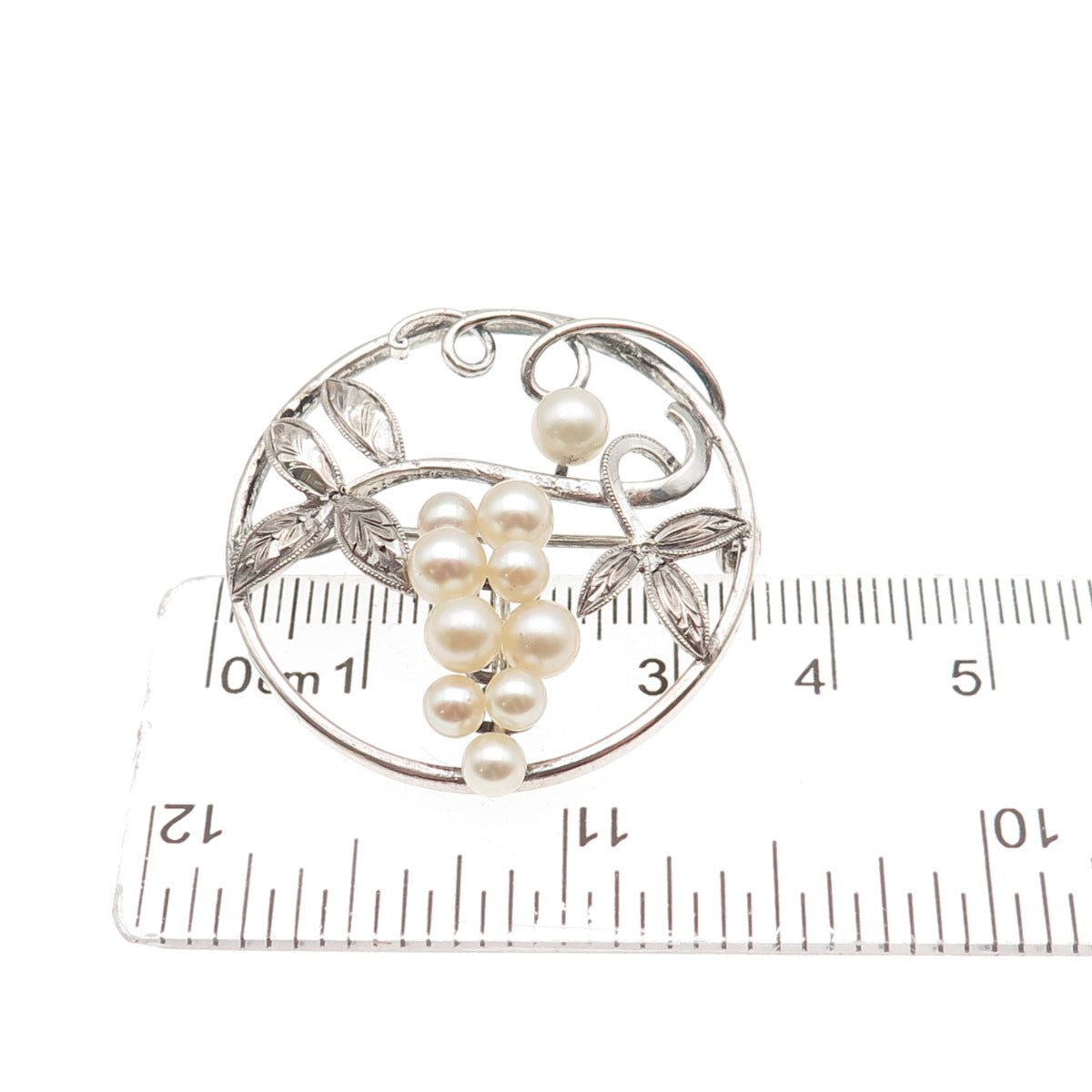 925 Sterling Silver Antique Art Deco Real Pearl Floral Pin Brooch