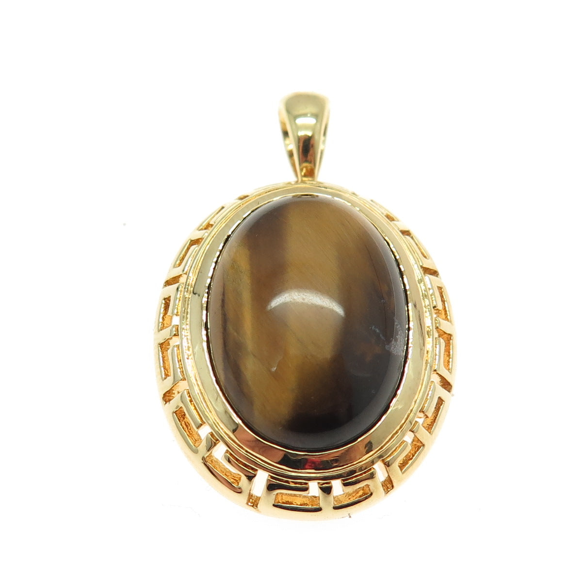 SETA 925 Sterling Silver Gold Plated Real Tiger Eye Greek Maze Oval Pendant