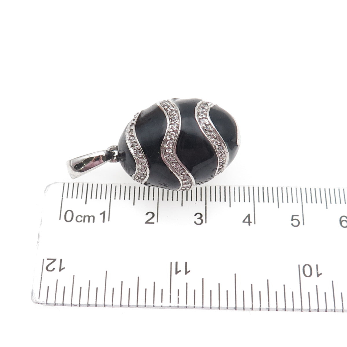 925 Sterling Silver Black Enamel Round-Cut C Z Easter Egg Charm Pendant