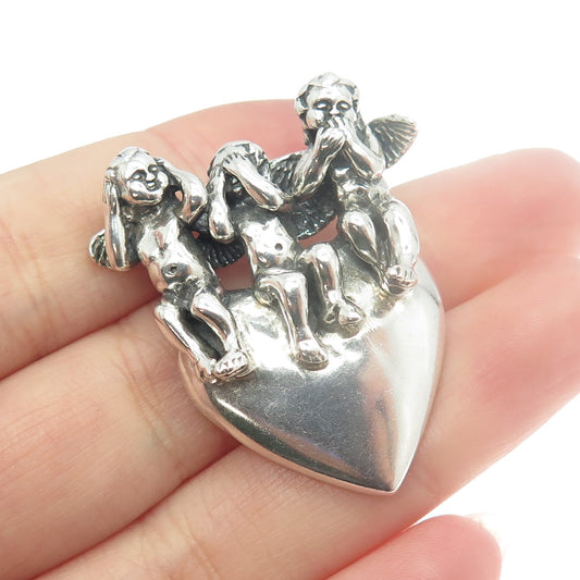 KABANA 925 Sterling Silver Vintage Hear See Speak No Evil Cupids Heart Pendant