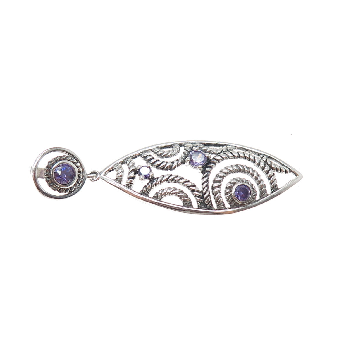 925 Sterling Silver Vintage Real Amethyst Ornate Oxidized Pendant