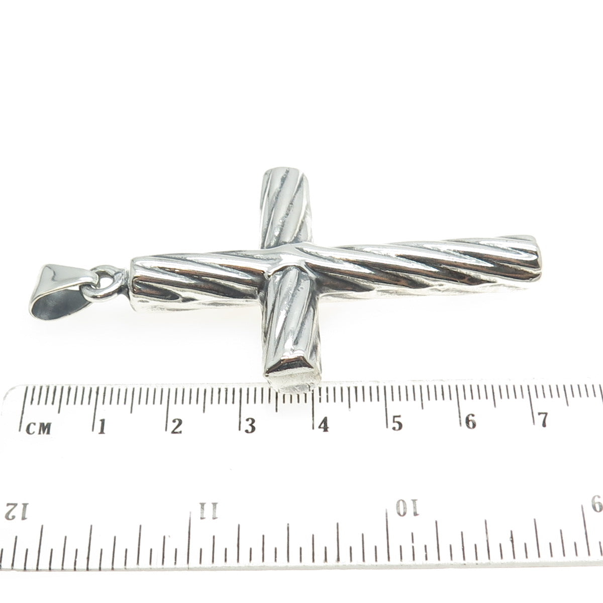 925 Sterling Silver Vintage Italy Ribbed Cross 3D Pendant