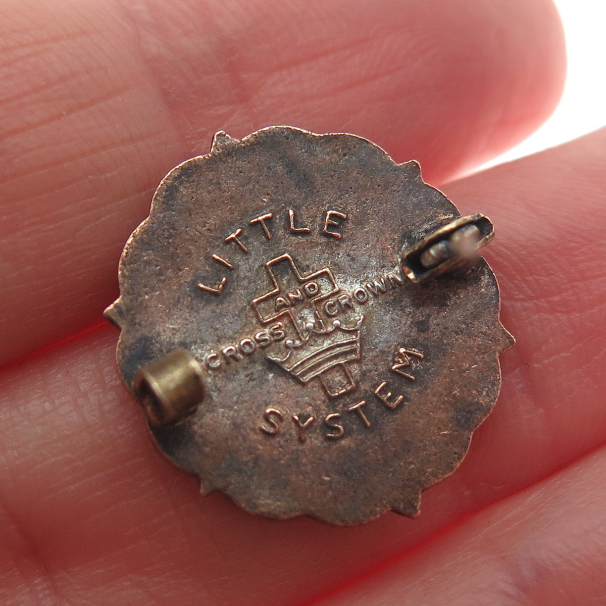 LITTLE SYSTEM CROSS & CROWN Gold Plated Antique Enamel Methodist Cross Brooch