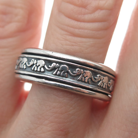 925 Sterling Vintage Mexico Elephant Oxidized Rotating Band Ring Size 10.5