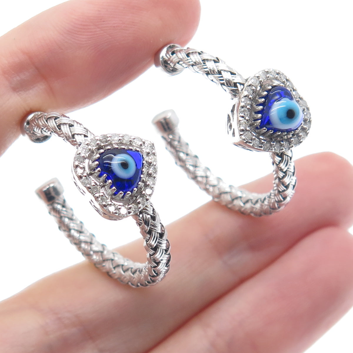 925 Sterling Silver Real Diamond & Murano Glass Evil's Eye Woven Hoop Earrings