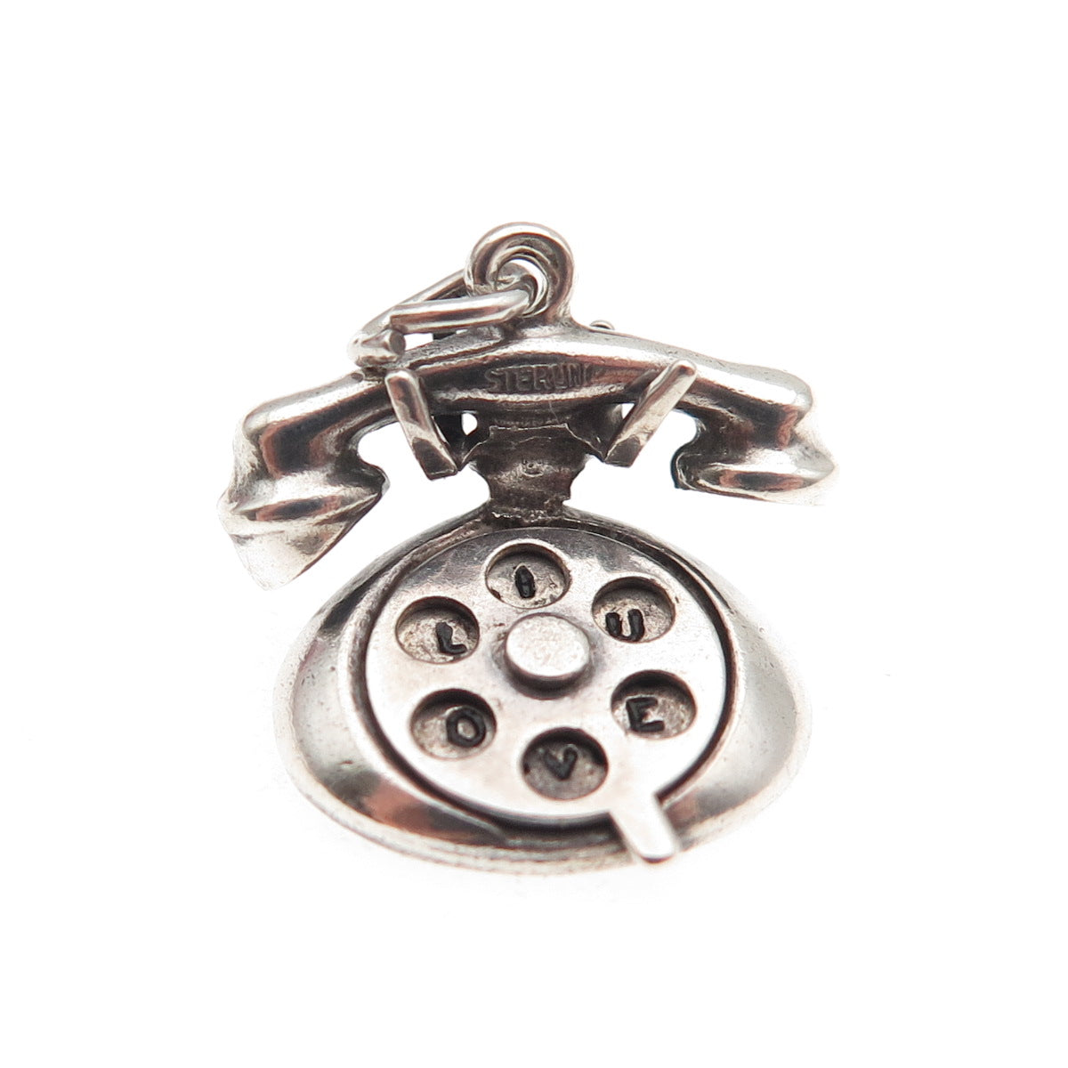 925 Sterling Silver Antique Art Deco I Love You Rotary Phone 3D Mini Pendant