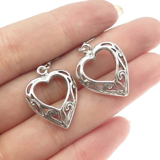 925 Sterling Silver Vintage Ornate Open Heart Dangling Hook Earrings