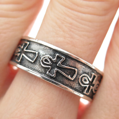 925 Sterling Silver Vintage Egyptian Ankh Oxidized Band Ring Size 12.25