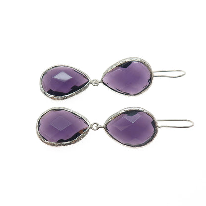 925 Sterling Silver Real Pear-Cut Amethyst Dangle Earrings