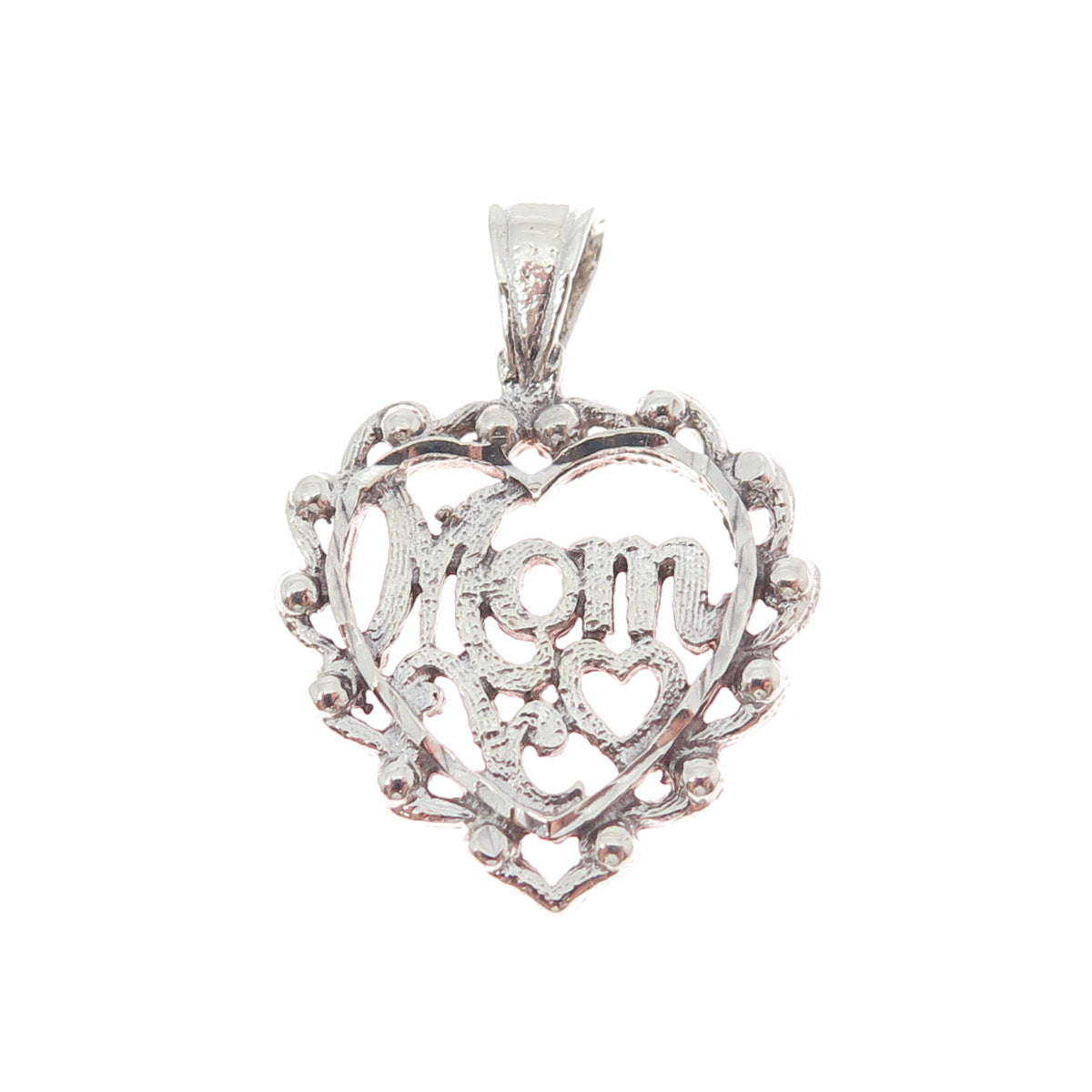 925 Sterling Silver Vintage Mom Heart Beaded Charm Pendant