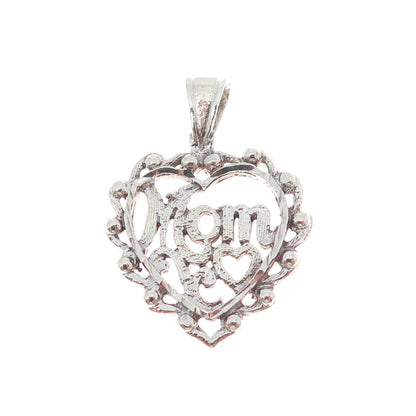 925 Sterling Silver Vintage Mom Heart Beaded Charm Pendant
