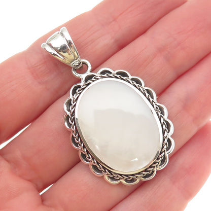 925 Sterling Silver Vintage Real MOP Floral Oxidized Pendant