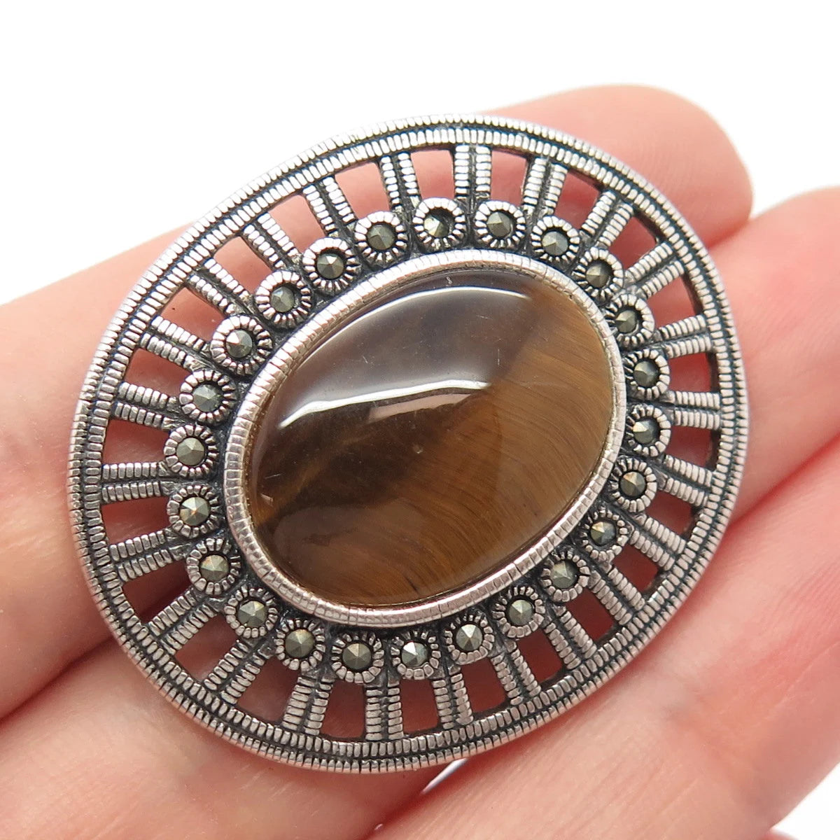 925 Sterling Silver Vintage Real Tiger Eye Gem Ornate Oval Pin Brooch