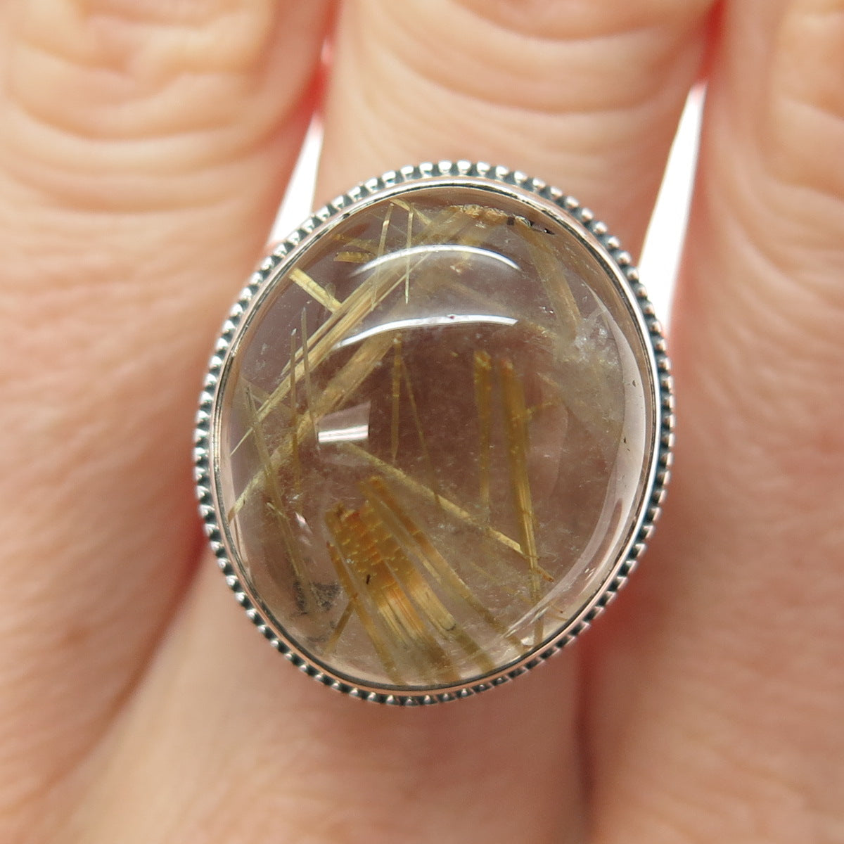 925 Sterling Silver Vintage Real Cabochon Rutilated Quartz Swirl Ring Size 9.75