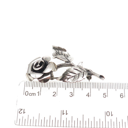 Beau 925 Sterling Silver Vintage Rose Flower Oxidized Pin Brooch