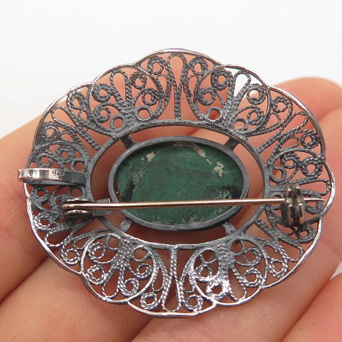 925 Sterling Silver Vintage Real Chrysocolla Gemstone Filigree Brooch / Pendant