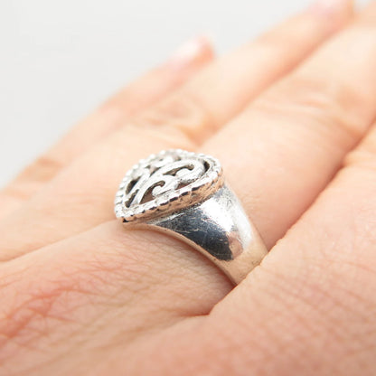 925 Sterling Silver Vintage Heart Swirl Ring Size 8.5