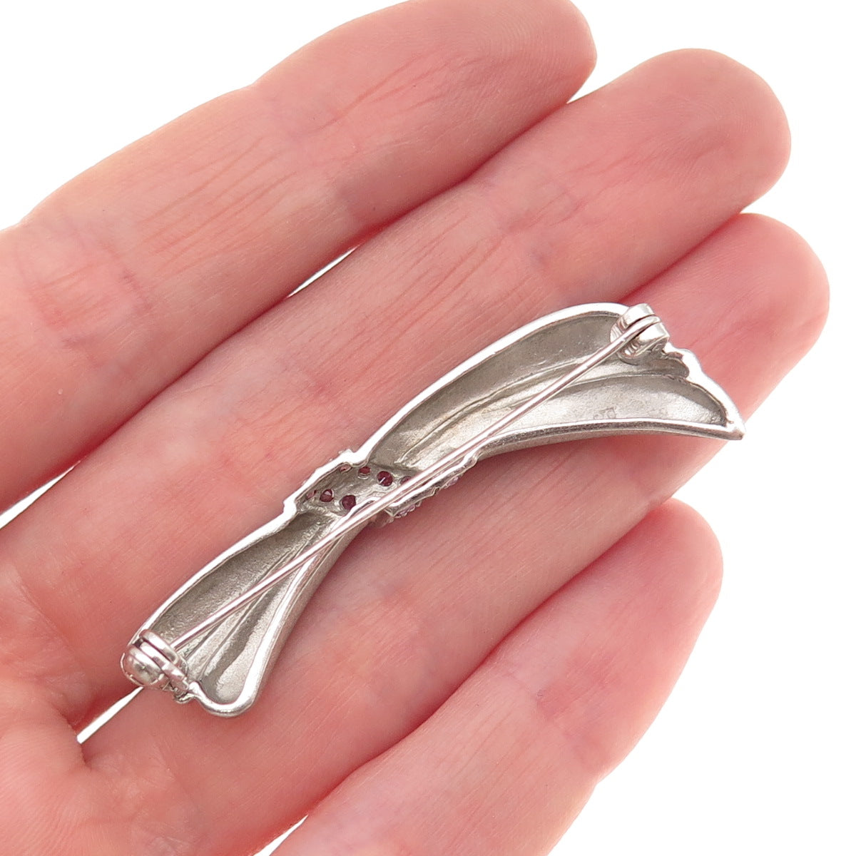 925 Sterling Silver Real Round-Cut Pink Sapphire Modernist Bow Pin Brooch