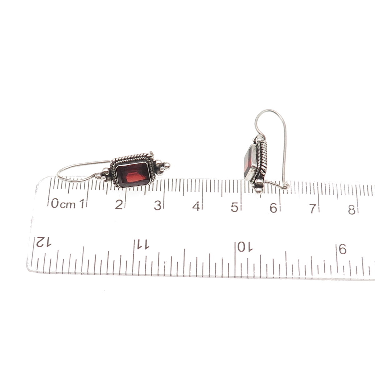 925 Sterling Silver Vintage Real Emerald-Cut Red Garnet Beaded Oxidized Earrings