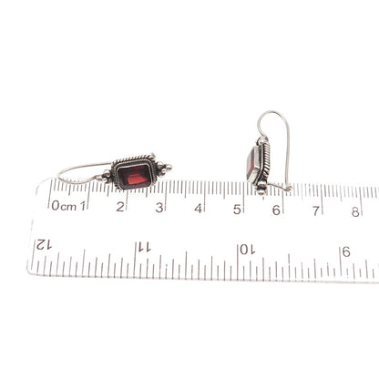 925 Sterling Silver Vintage Real Emerald-Cut Red Garnet Beaded Oxidized Earrings
