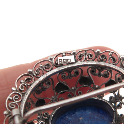 800 Silver Antique Art Deco Real Cabochon Lapis Filigree Oxidized Pin Brooch