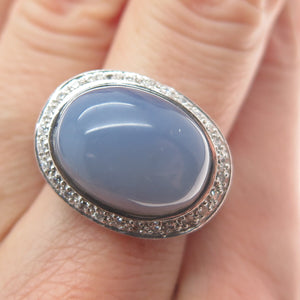 925 Sterling Silver Vintage Real Oval-Cut Lavender Jade Gem & C Z Ring Size 7.25