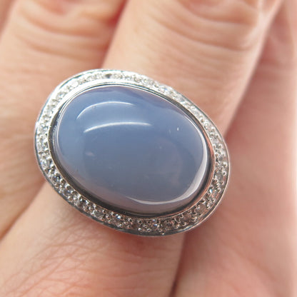 925 Sterling Silver Vintage Real Oval-Cut Lavender Jade Gem & C Z Ring Size 7.25