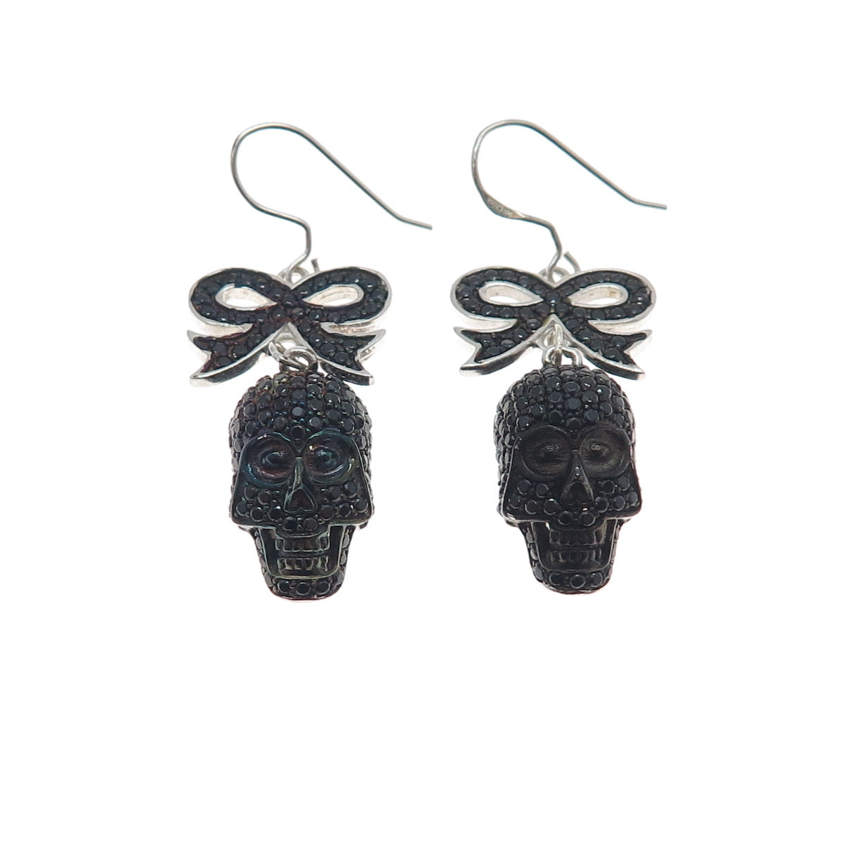 925 Sterling Silver Real Black Spinel Skull & Bow Dangle Earrings