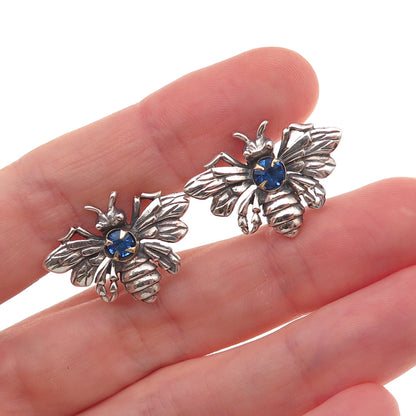 925 Sterling Silver Antique Art Deco Rhinestone Bee Oxidized Screw Back Earrings