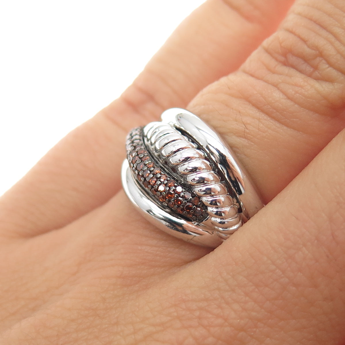 J. STELLA 925 Sterling Silver Real Cognac Diamond Crisscross Ring Size 6.25