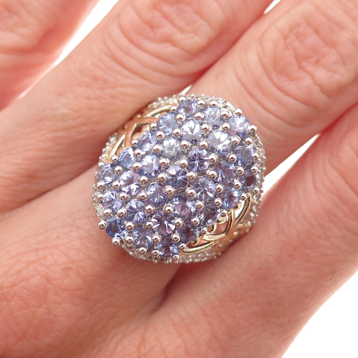 Chuck Clemency 925 Sterling Silver 2-Tone Real Tanzanite White Topaz Ring Size 8
