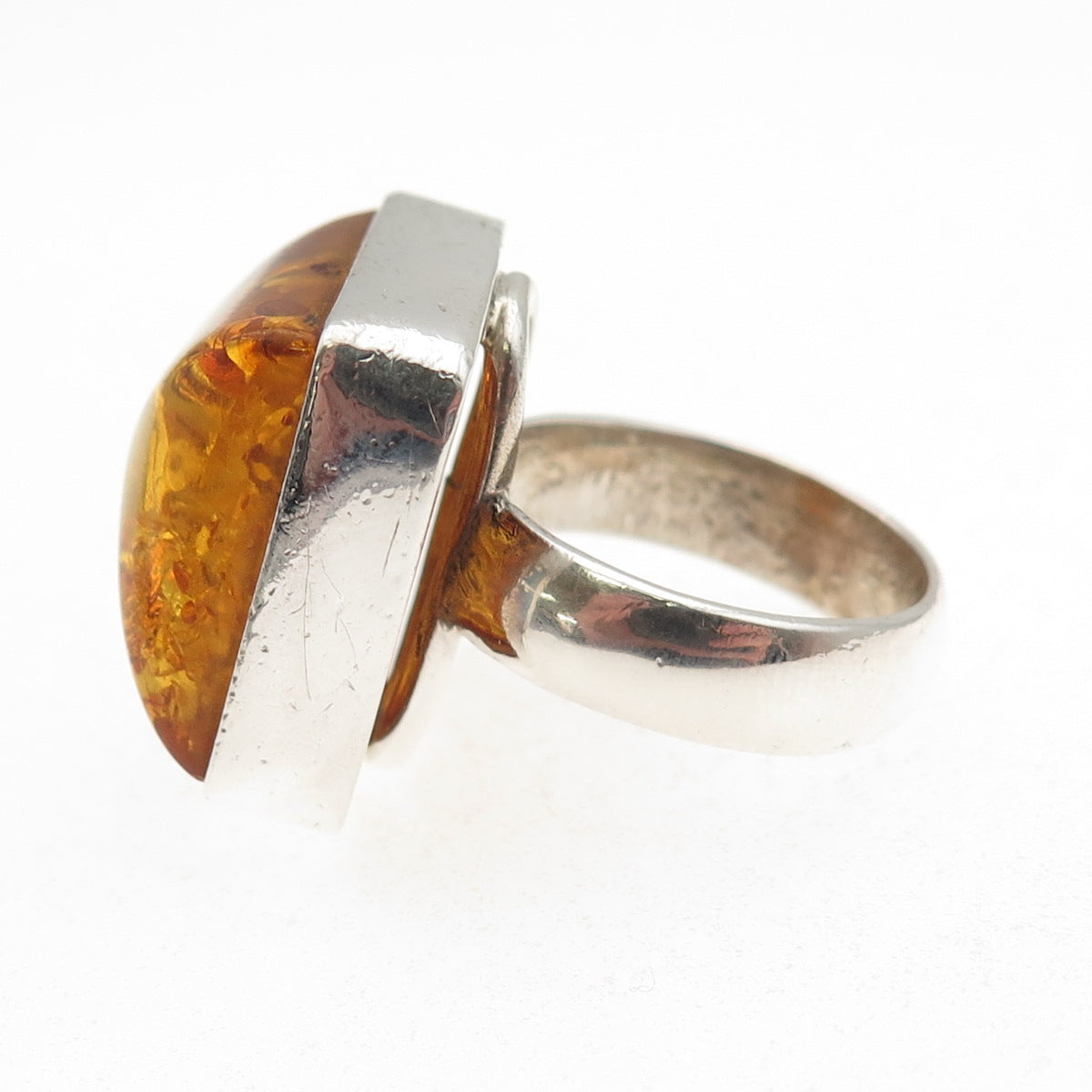 925 Sterling Silver Vintage Real Amber Modernist Ring Size 7.75