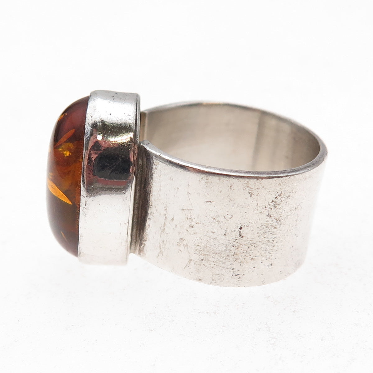 925 Sterling Silver Vintage Real Amber Modernist Oxidized Ring Size 8.25