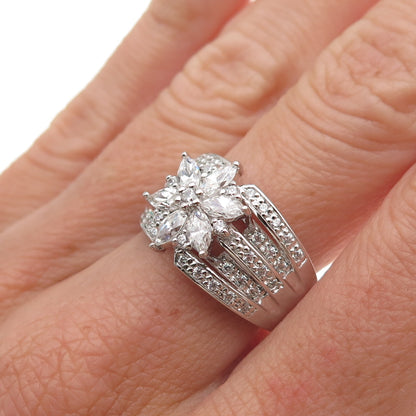925 Sterling Silver Marquise & Round-Cut C Z Floral Ring Size 7