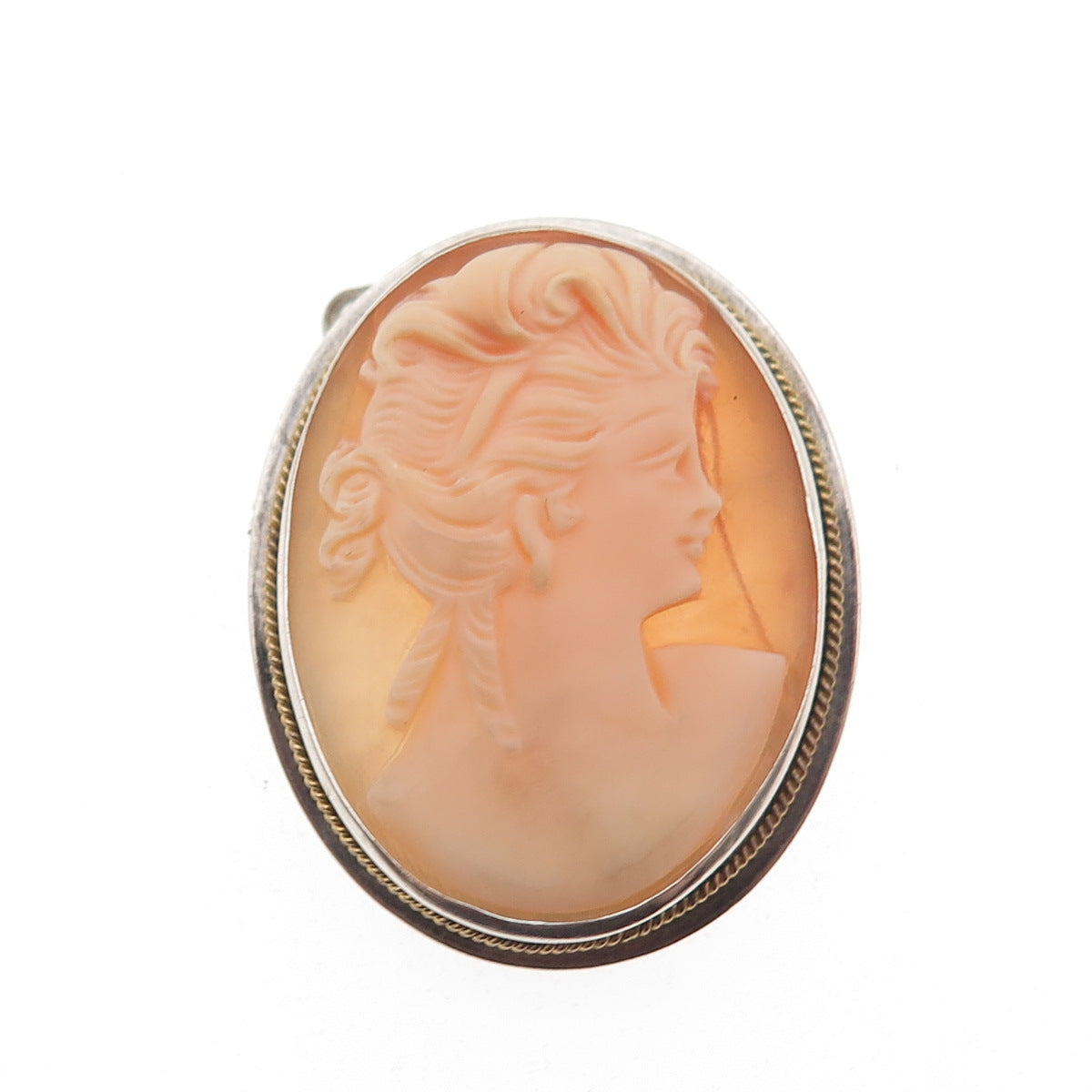 975 Silver 2-Tone Vintage Real MOP Carved Lady Cameo Pin Brooch / Pendant
