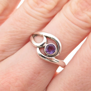 925 Sterling Silver Vintage Real Amethyst Modernist Swirl Ring Size 6.75