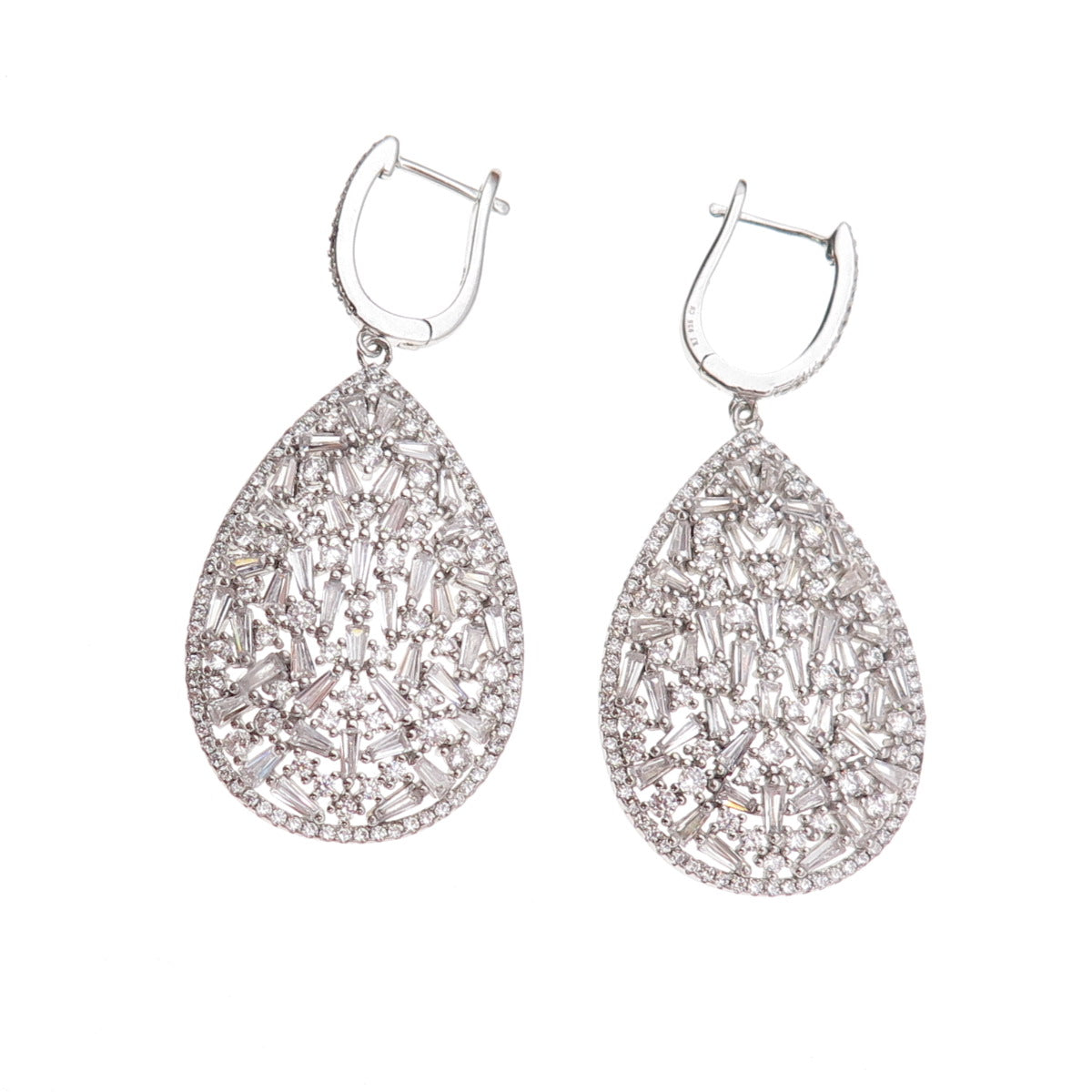 925 Sterling Silver Multi-Cut C Z Cluster Teardrop Dangle Earrings