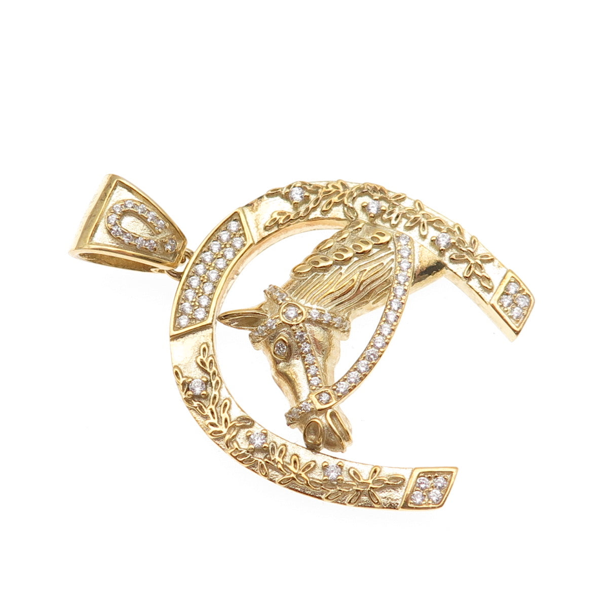 925 Sterling Silver Gold Plated Round-Cut C Z Horse & Horseshoe Pendant