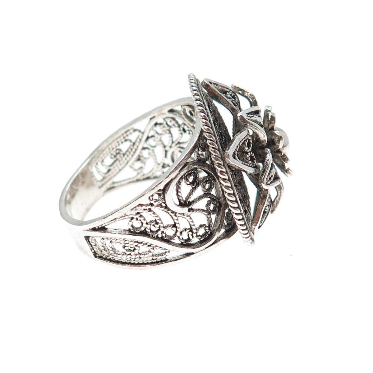 925 Sterling Silver Vintage Filigree Flower Oxidized Ring Size 11.25