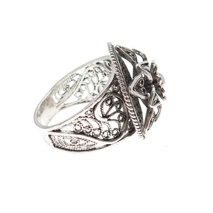 925 Sterling Silver Vintage Filigree Flower Oxidized Ring Size 11.25