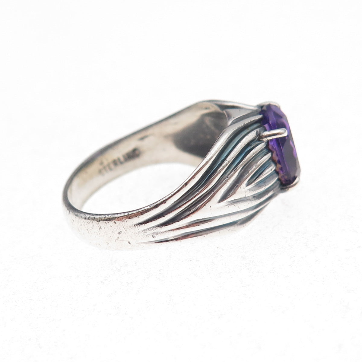 925 Sterling Silver Vintage Real Amethyst Modernist Oxidized Ring Size 7