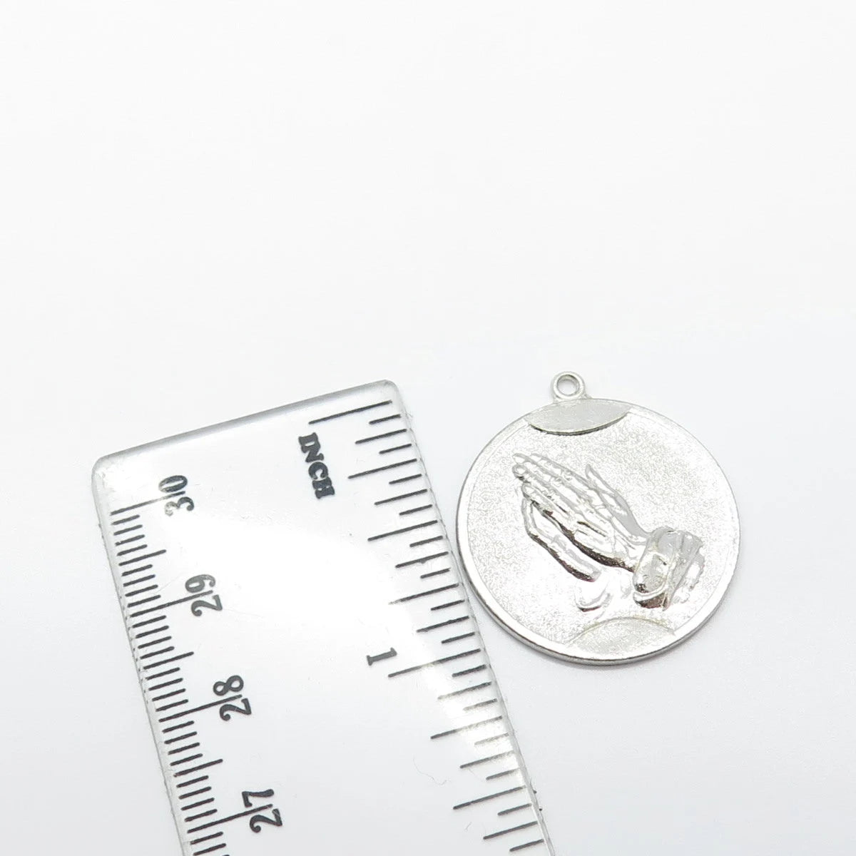 925 Sterling Silver Vintage TC Hands In Prayer Textured Round Pendant