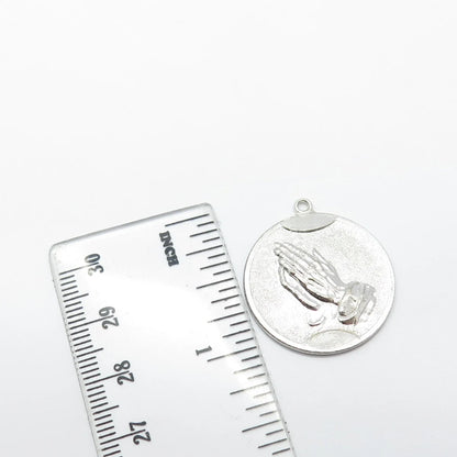 925 Sterling Silver Vintage TC Hands In Prayer Textured Round Pendant
